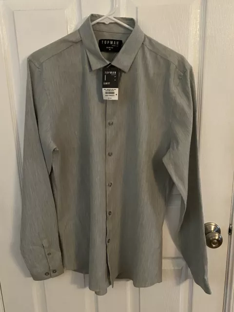 NWT Topman Long Sleeve Stretch Slim Fit Oxford Button Up Shirt Gray Men’s Medium