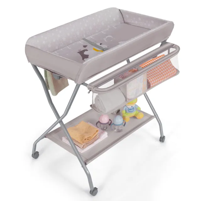 Baby Changing Table Folding Diaper Changing Station w/ Safety Belt & Wheels Grey