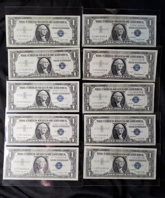 TEN 1957 silver certificate dollar bills, ⭐️ ONE Star Note, Super Crisp.