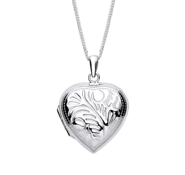 925 Sterling Silver Patterned Heart Shape Photo Locket Pendant + 16 18 20" Chain