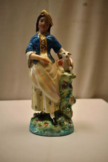 Antique Staffordshire Figure Of Young Lady Holding Goat'S Kid Porcelain Decorati