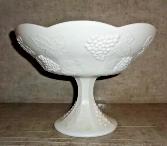 Vintage Indiana Glass Milk Glass Pedestal Compote Grape and Leaf Pattern *