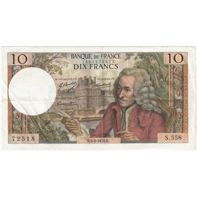 [#196174] France, 10 Francs, Voltaire, 1970, S.558, AU, Fayette:62.42, KM:147, c