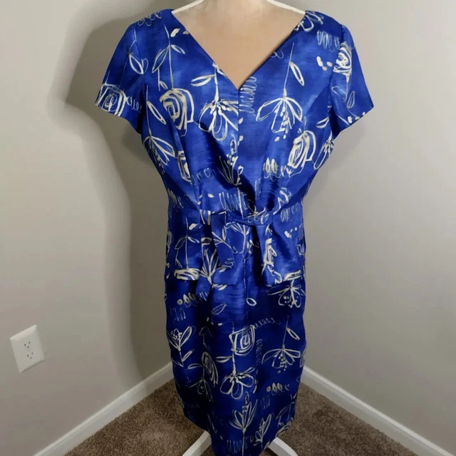 Leslie Fay Ladies Size 14 Blue Asian Style Floral Vintage Dress Short Slv B23
