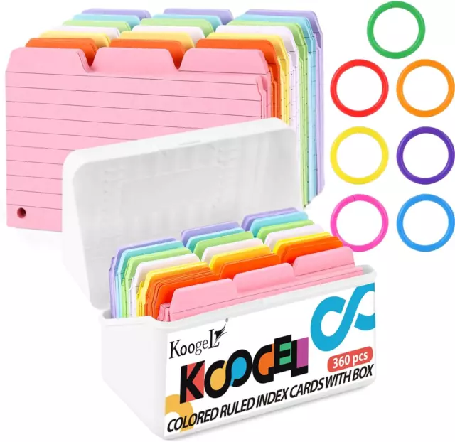 Index Card Storage Box Set, 350PCS Tabbed Index Cards with Rings and Index Card
