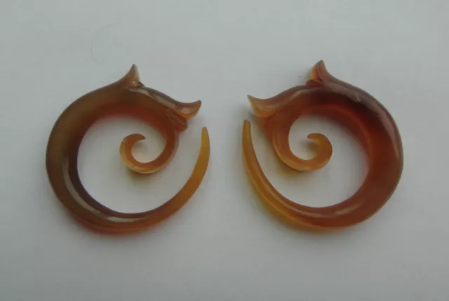 Pair Organic CARVED LILY TRIBAL FLORAL GOLDEN HORN SPIRALS HOOK EAR GAUGE PLUGS