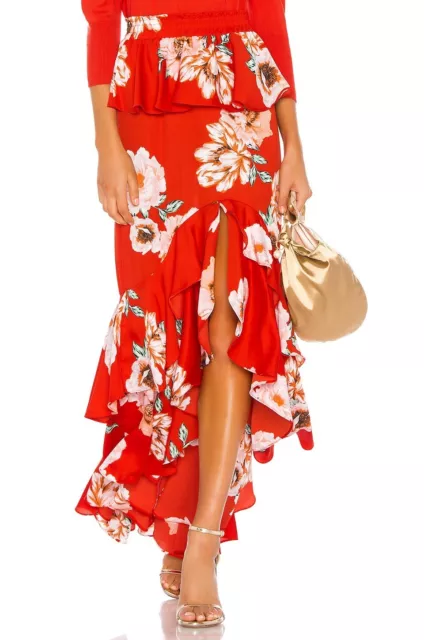 New Misa Los Angeles Lucia Ruffle Peplum Maxi Skirt Red Poppy Floral Print XS