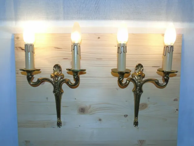 French a pair of  patina gold ornate bronze wall light sconces vintage