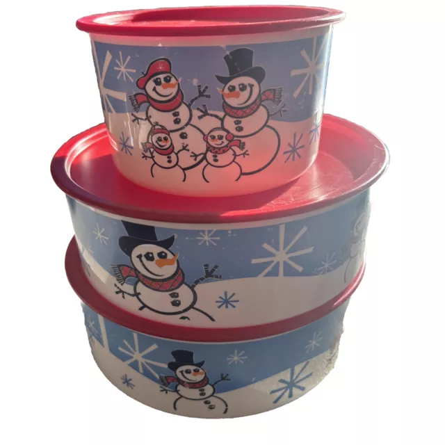 Tupperware HOLIDAY SNOWMAN / SNOWMEN 9.5-c COOKIE CANISTER 1-TOUCH