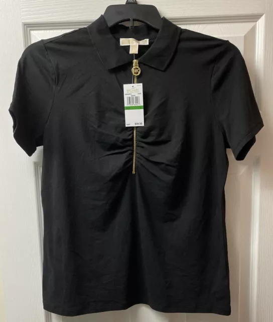 NEW Michael Kors MK Ruched Half Zip Polo Shirt Womens Black Size XS