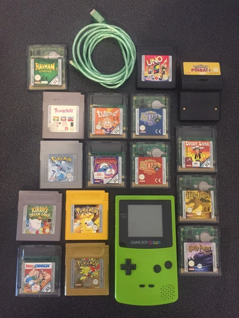game boy color Verte kiwi + 16 jeux , Pokémon, Zelda, Harry Potter, Schtroumpfs