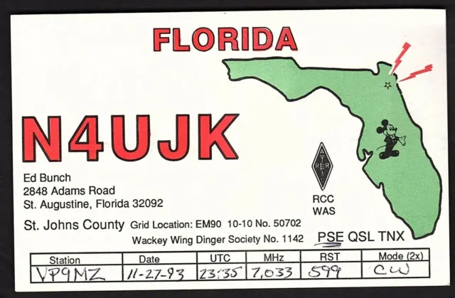 QSL QSO RADIO CARD "Ed Bunch/Florida/N4UJK/St. Johns County", FL (Q2396)