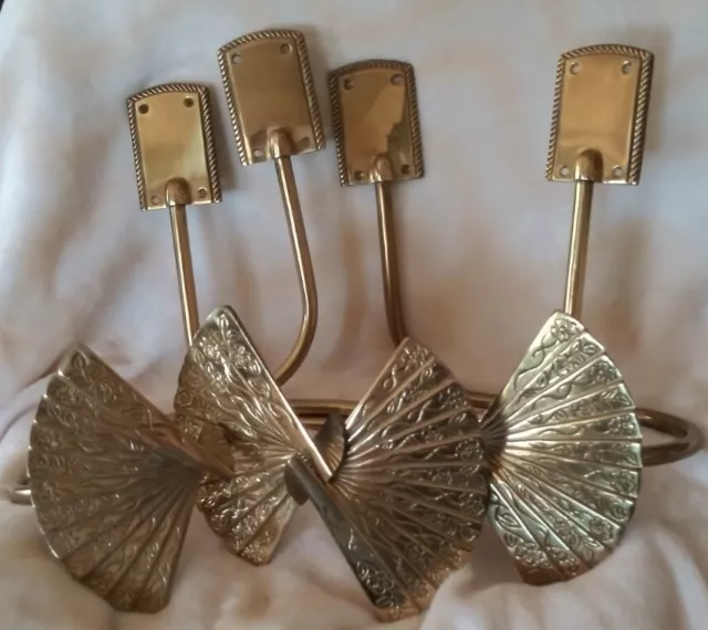 Vintage Solid Brass Asian Decor Japanese Fan Drapery Curtain Tie Backs Set of 4