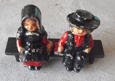 Lot of 2 Antique Cast Iron Amish Boy and Girl on Bench Figurines 2 1/4" Tall