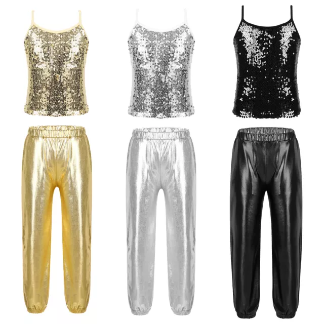 Girls Shiny Camisole Crop Top with Harem Pants Hip Hop Jazz Modern Dance Outfits