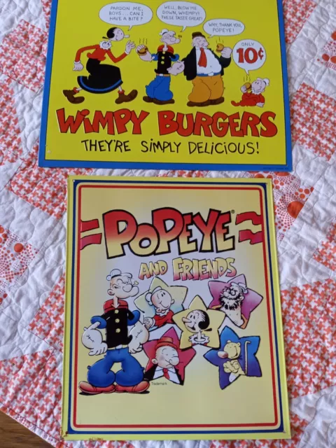 Vintage Lot 2 Repro Popeye and Friends-Wimpy Burgers-Tin Metal Signs Pictures