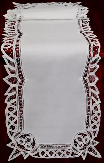 Battenburg Lace Table Runner 16x70" Oblong White Cotton Handmade Dresser Scarf