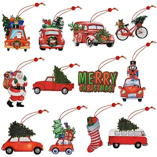 Christmas Tree Ornaments 12 Pcs Hanging Wooden Ornament Set, Santa Red Truck