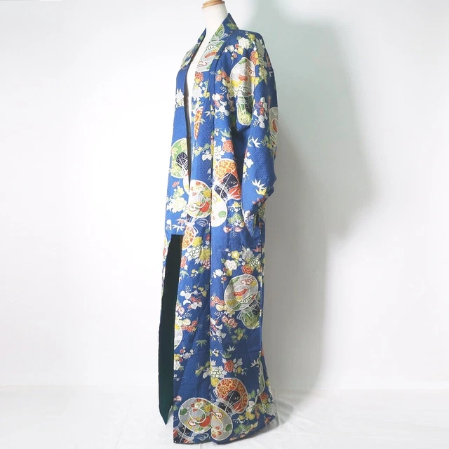 8918B4 Silk Vintage Japanese Kimono Robe Dress Tsuzumi Peony Rinzu