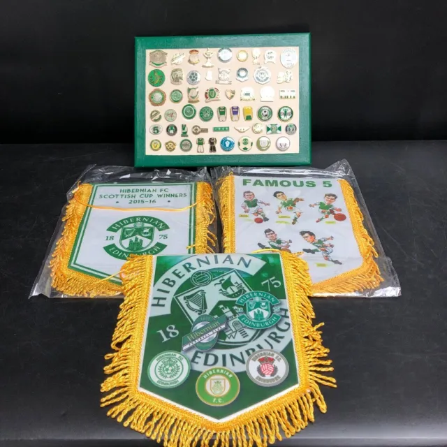 Hibernian Football Club Pin Badges x52 + Club Pennants x3 Sport Memorabilia  -CP