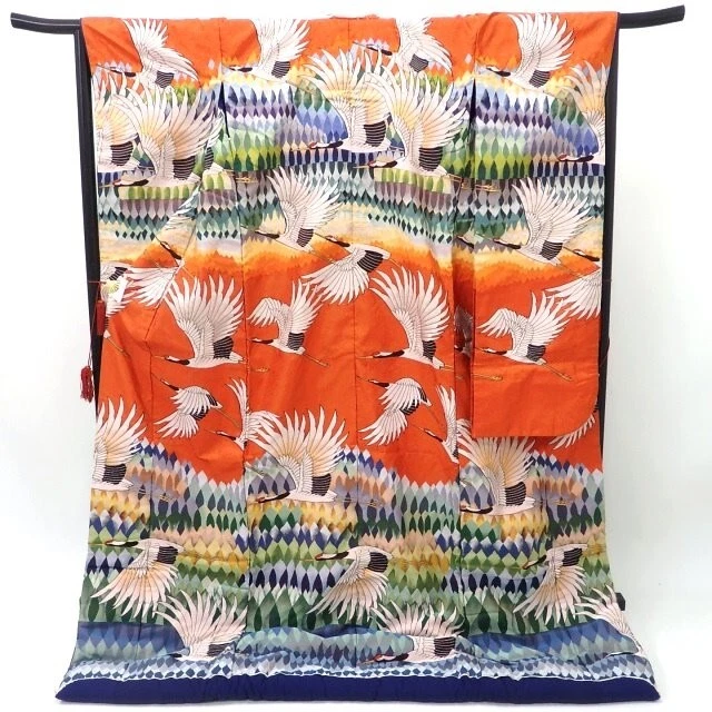 Uchikake Kimono Japanese Crane Wedding Robe Silk Artist Signed Vermil Red  F/S
