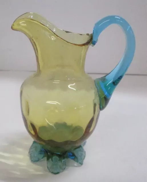 Vintage Handblown Small Glass Pitcher Amber and Blue