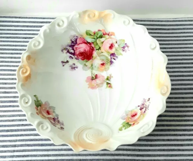 Pretty Vintage Shell Bowl Rose Shabby Chic Design Serving Dish Centre Piece 26cm