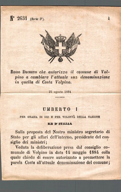 Regio Decreto Bergamo 1884 Cambio den.ne da Volpino a Costa Volpino