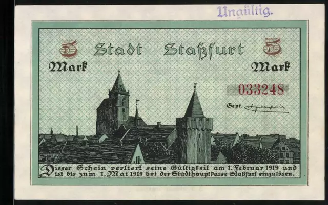 Notgeld Staßfurt 1918, 5 Mark, Ortsansicht mit Kirche, Kali-Bergwerk