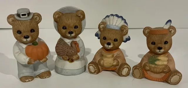 Vintage Homco Set of 4 Figurines Autumn Harvest Thanksgiving Pilgrim Bears 5312