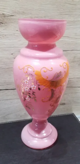 Antique Enamelled Pink Milk Possibly Opaline Glass Victorian Mantle Vase