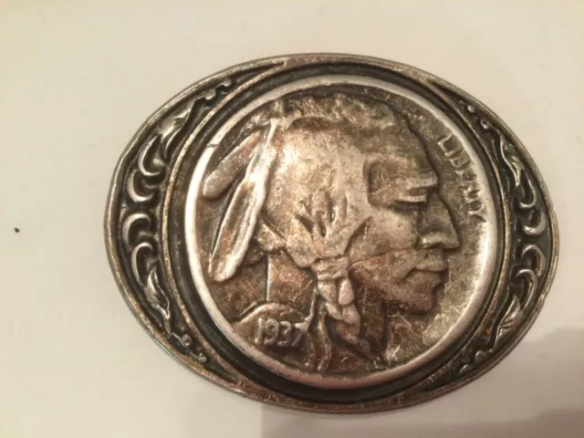 Vtg. Indian Head Nickle Liberty Silver Metal Belt Buckle USA