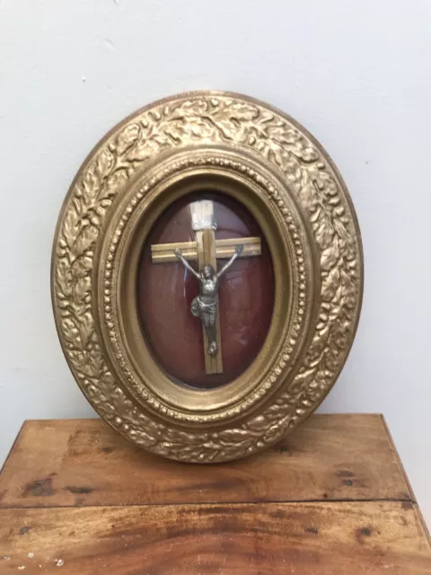 Antique Convex Glass Dome Crucifix French Cross Oval Wood Gesso Frame red Velvet 2