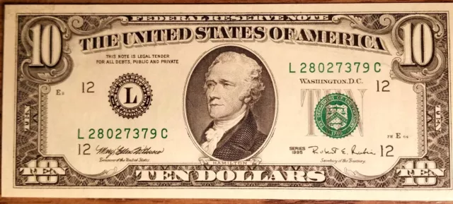 1995 $10 Ten Dollar Bill Federal Reserve Note Vintage Currency US