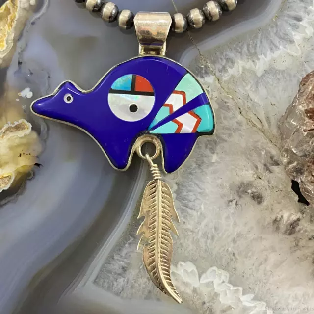 Native American Sterling Multistone Zuni Inlay Fetish Bear w/Feather Pendant