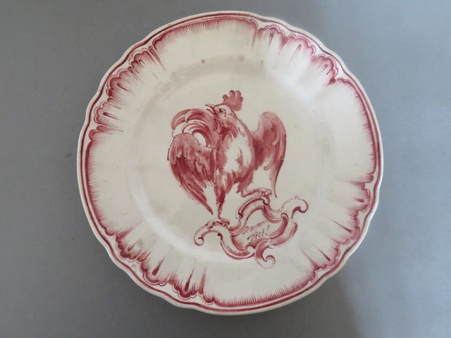 Assiette En Céramique Décor Coq Rouge Devise "Semper Vigil" Signée Nk