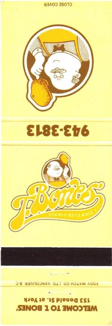 T-Bones' Food & Beverages, Welcome at T-Bones Restaurant Vintage Matchbook Cover