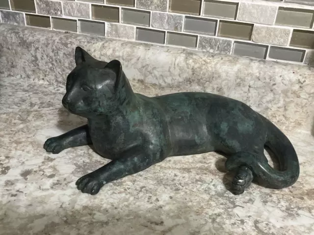 Antique Heavy Cat Sculpture Bronze Figurine Patina Green