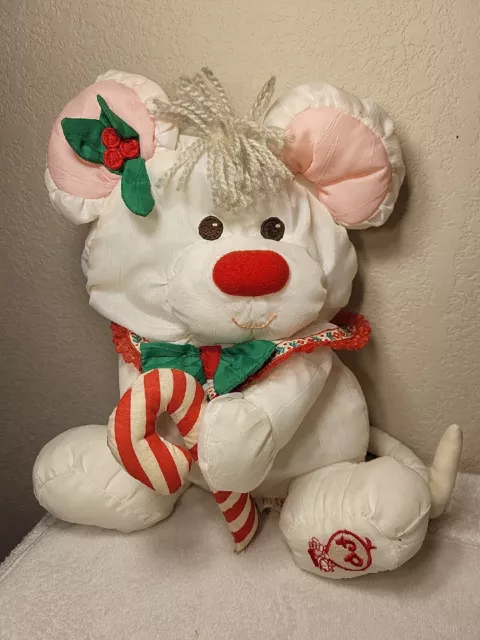 Vintage Puffalumps White Mouse w/Cane Fisher Price Christmas Plush Toy 1987 Used