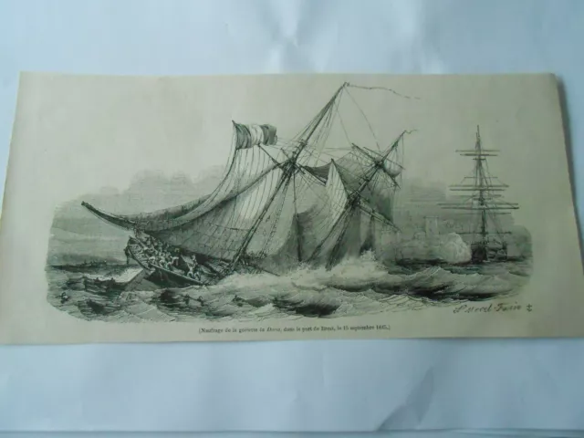 Gravure 1845 - Naufrage de la goelette La Roris dans le port de Brest