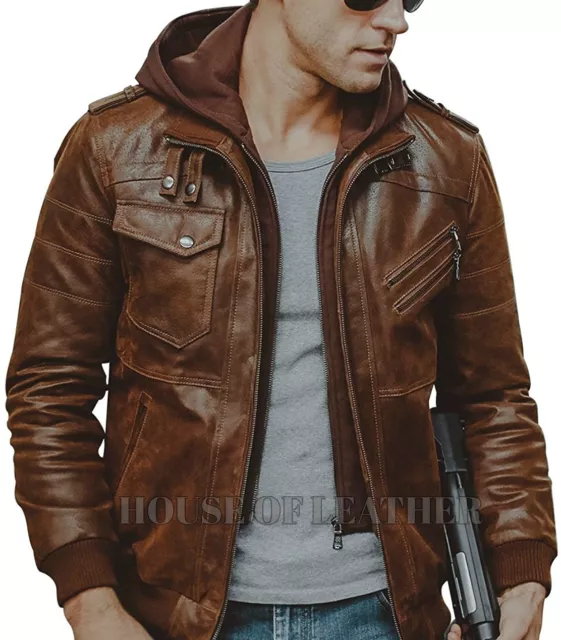 Mens Biker Brown Motorcycle Vintage Cafe Racer Real Leather Detach Hood Jacket