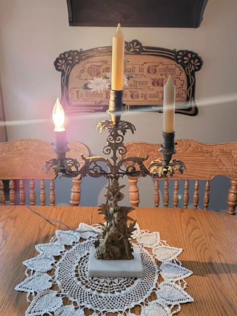 Antique Bronze Brass Paul and Virginia Bronze Girandole Candelabra Electric Lamp