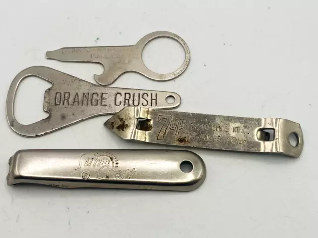 Vintge Advertising BOTTLE OPENER x4 Soft Drink CRUSH 7UP Canada Dry Sun Crest