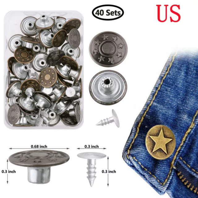 40 Set Metal Denim Jeans Tack Snap Buttons Rivets for Repair Replacement+Box Kit