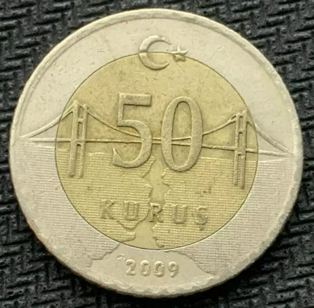 2009 Turkey 50 Kurus Coin XF +   Bi Metallic Condition Rarity  #K1865
