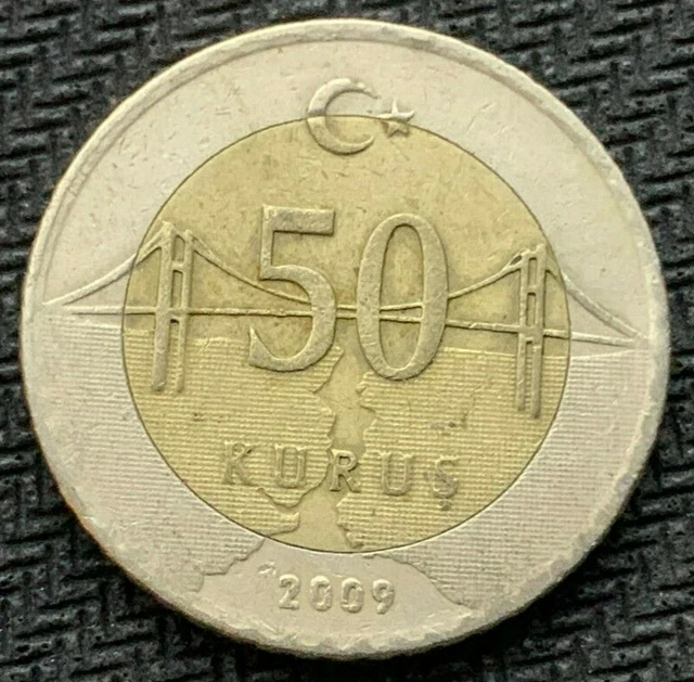 2009 Turkey 50 Kurus Coin XF +   Bi Metallic Condition Rarity  #K1865