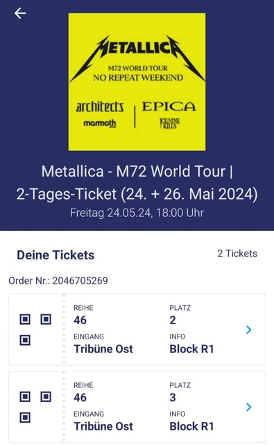  METALLICA TICKETS KONZERT München 2 Sitzplätze für 2 Tage 24 und 26 Mai Motiv 