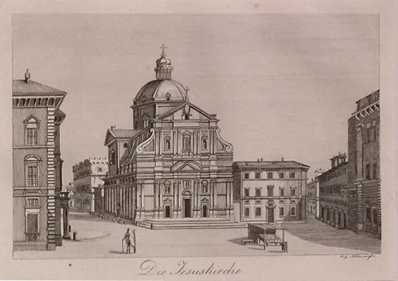 stampa originale del 1834 Chiesa del Santissimo Nome di Gersù Roma cm 35x30