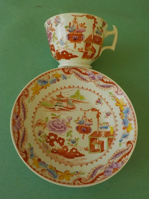 Taza y platillo antiguo inglés coloreado a mano escena oriental en forma de Londres