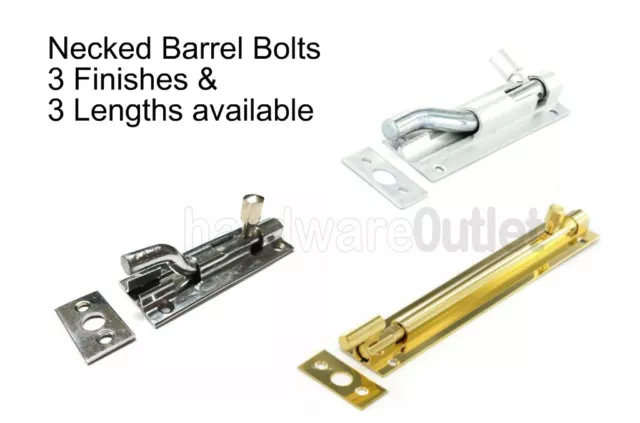 NECKED Barrel BOLT Cupboard Door lock + SCREWS Aluminium, Brass & Chrome